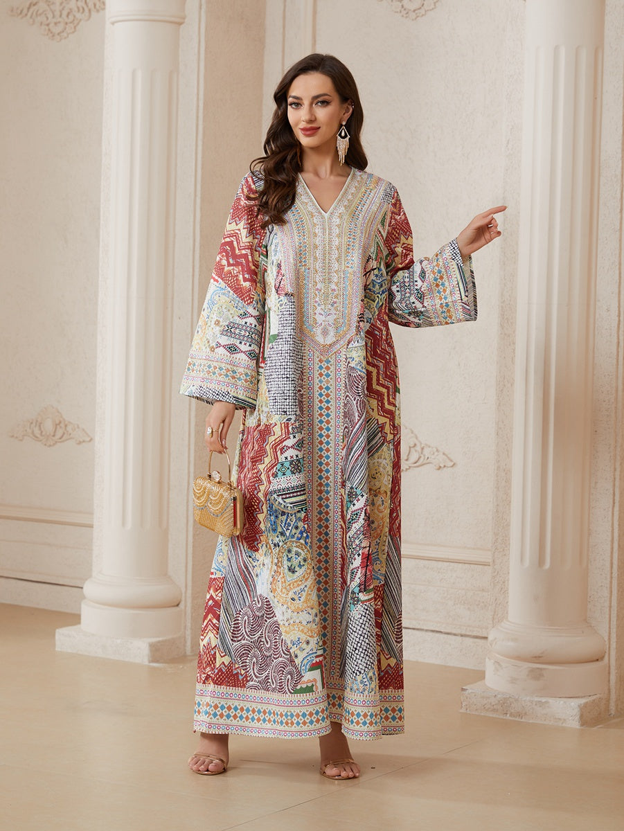 Hotfix Rhinestones Printed Jacquard Caftan Kaftan Dress For Women - Mukhawar Jalabiya Eid Dress - #26N014