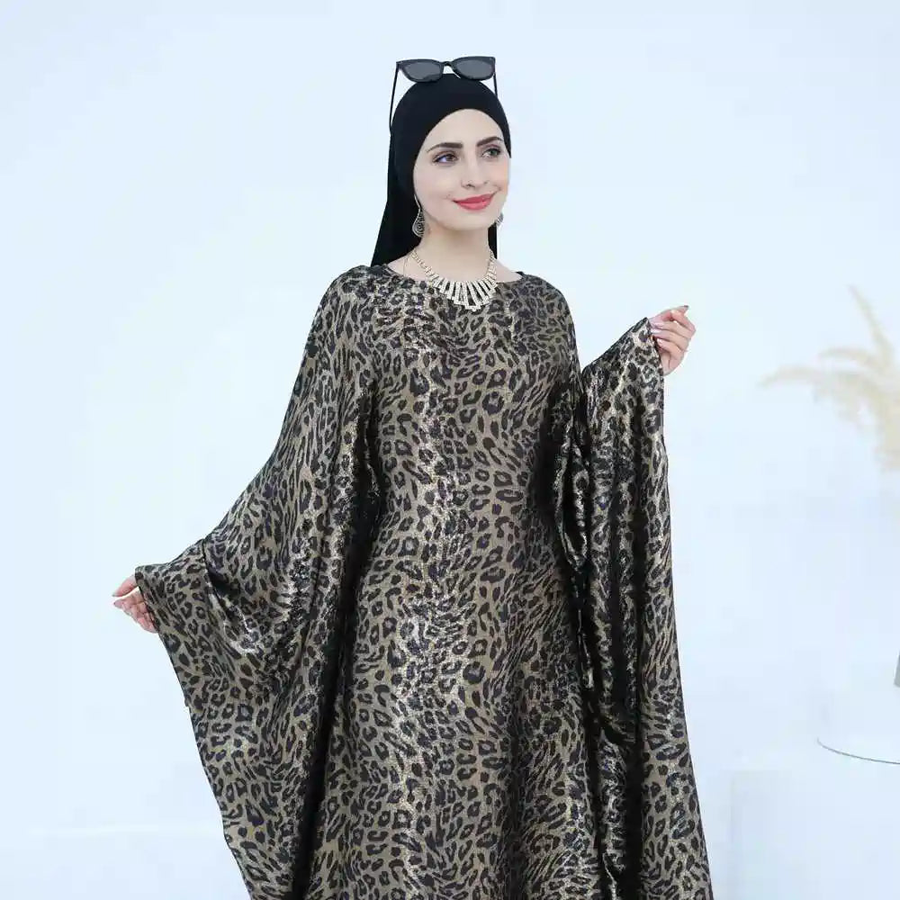 فستان عباية فراشة بطبعة جلد النمر البرونزي وأكمام جناح الخفاش #25964