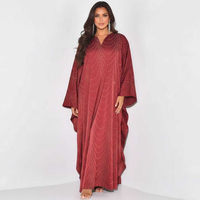 فستان عباية مرصع بأحجار الراين بتقنية التثبيت الحراري رقم 25192