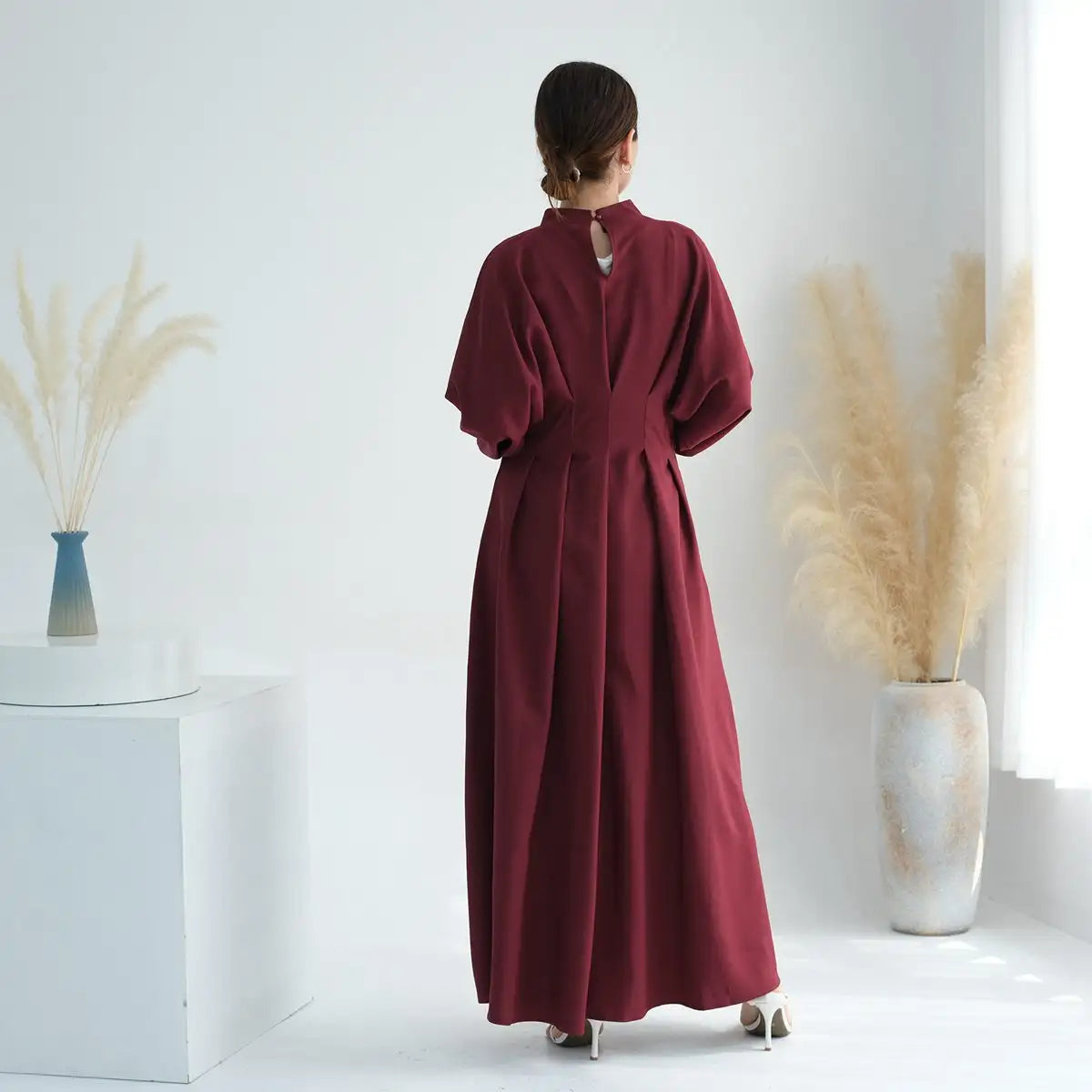 Muslim Women Elastic Sleeve Linen Abaya Dress