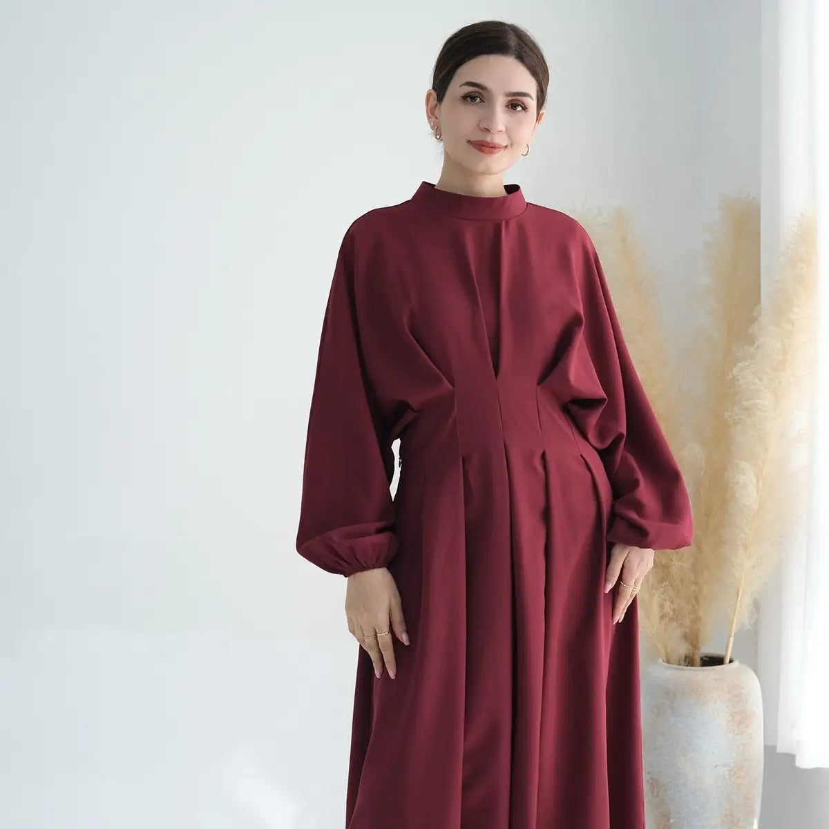 Muslim Women Elastic Sleeve Linen Abaya Dress