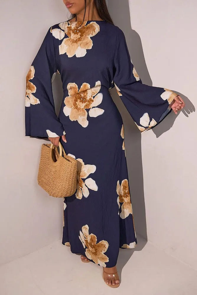Satin Printed Abaya Dress With Belt #251063