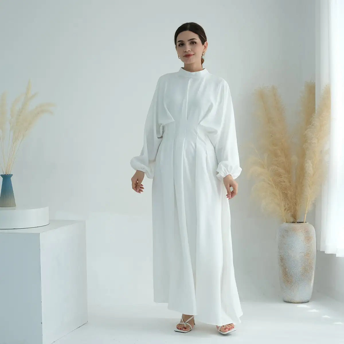 Muslim Women Elastic Sleeve Linen Abaya Dress