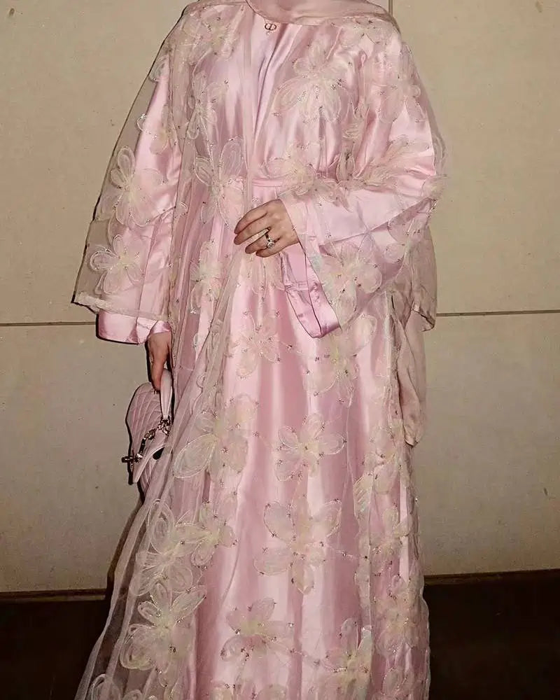 طقم عباية مفتوح مطرز بالزهور مكون من قطعتين مع فستان داخلي #251071