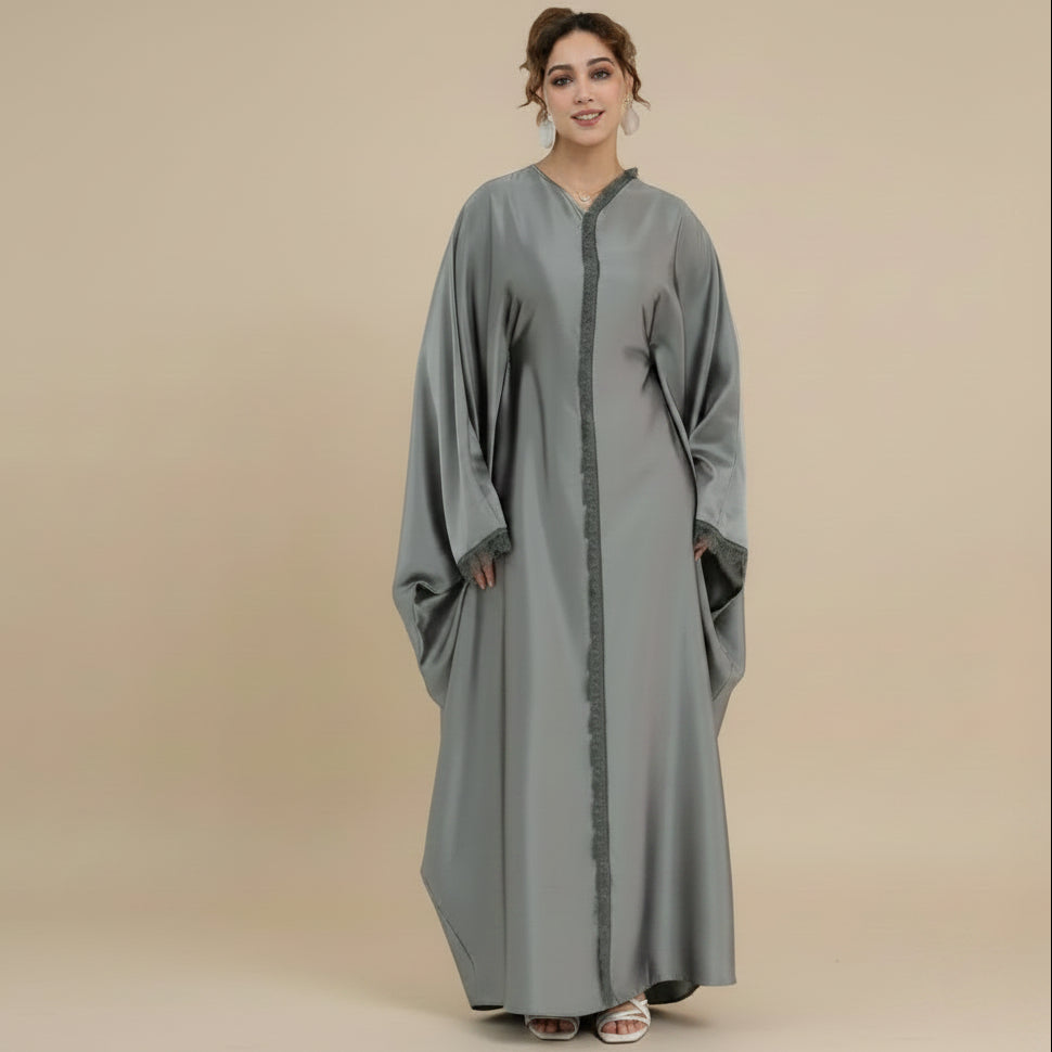 Lace Patchwork Satin Abaya Dress For Women - White/Gray/Coffee/Black - #261270