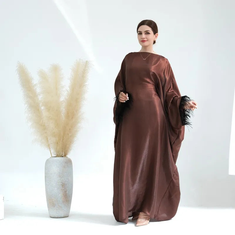 Muslim Women Feather Sleeve Nylon Cotton Abaya Dress