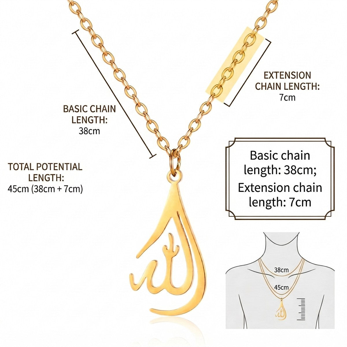 18K Gold Allah Arabic Necklace Muslim Islamic Jewelry
