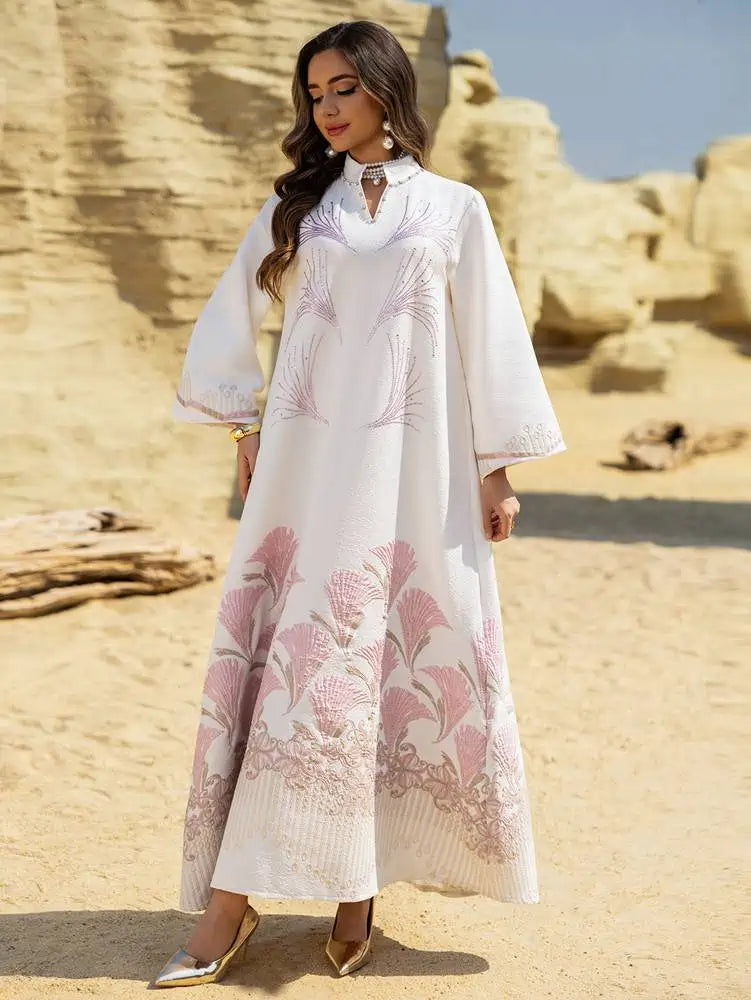 فستان قفطان من قماش الجاكار وأحجار الراين لتزيين عيد الأضحى رقم 25475