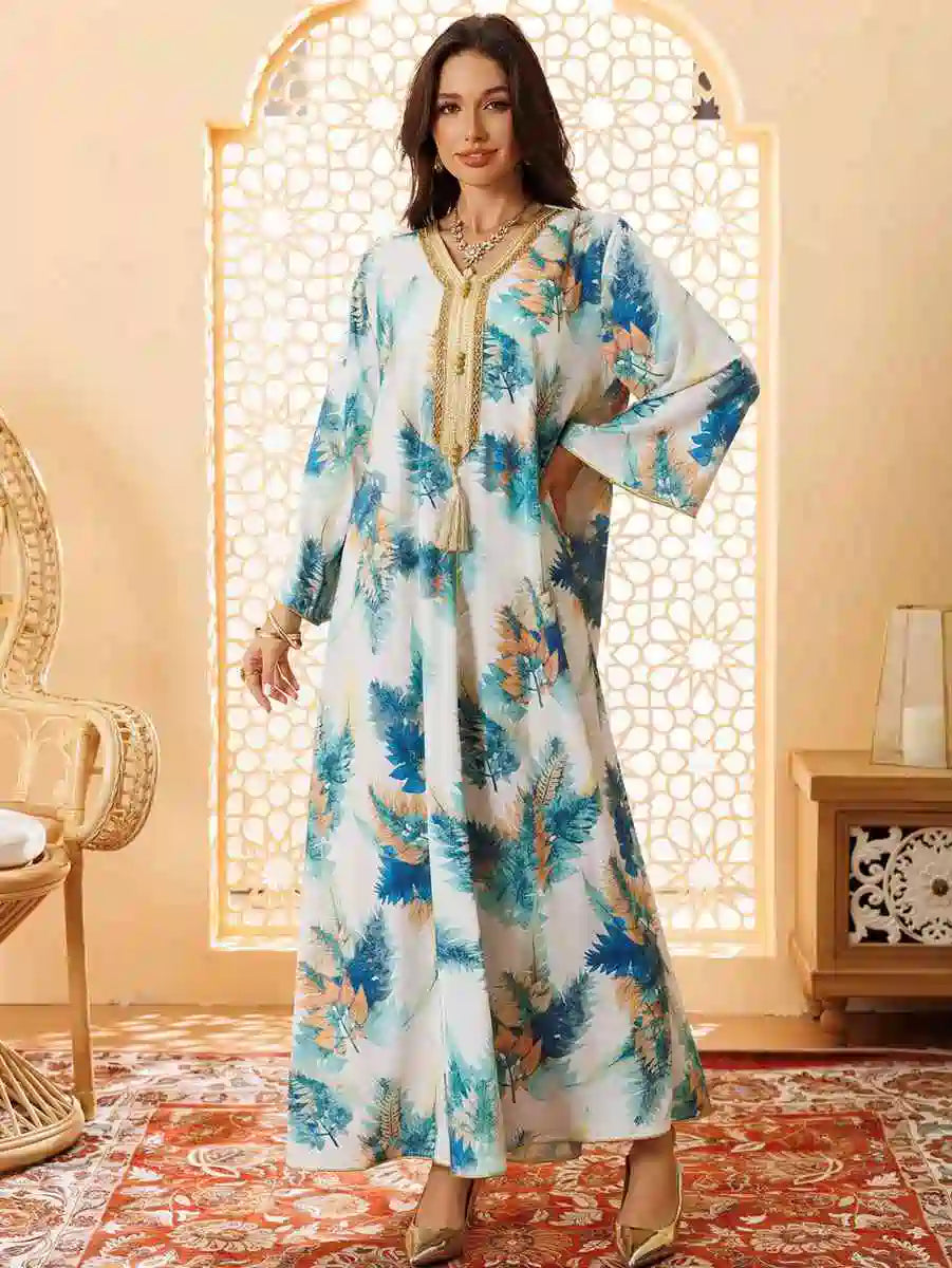 Hotfix Rhinestone Printed Eid Caftan Kaftan Dress #24434
