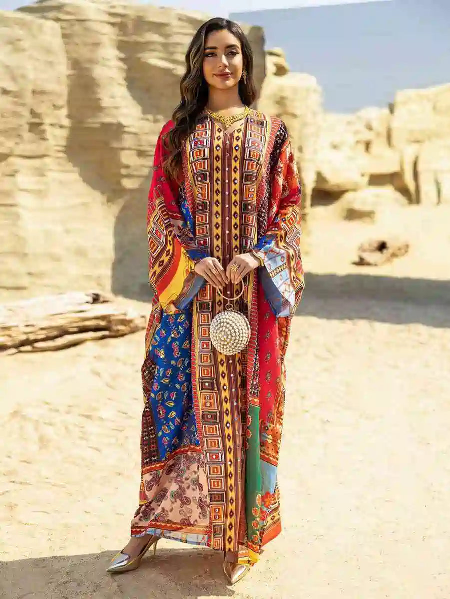 فستان قفطان شيفون مطبوع بأحجار الراين الساخنة للعيد والزفاف #25466