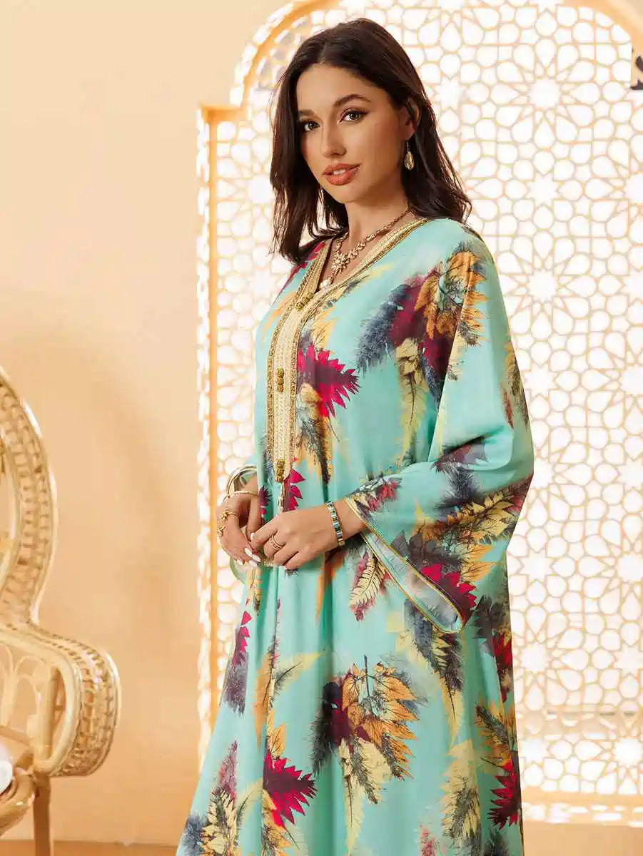 Hotfix Rhinestone Printed Eid Caftan Kaftan Dress #24434