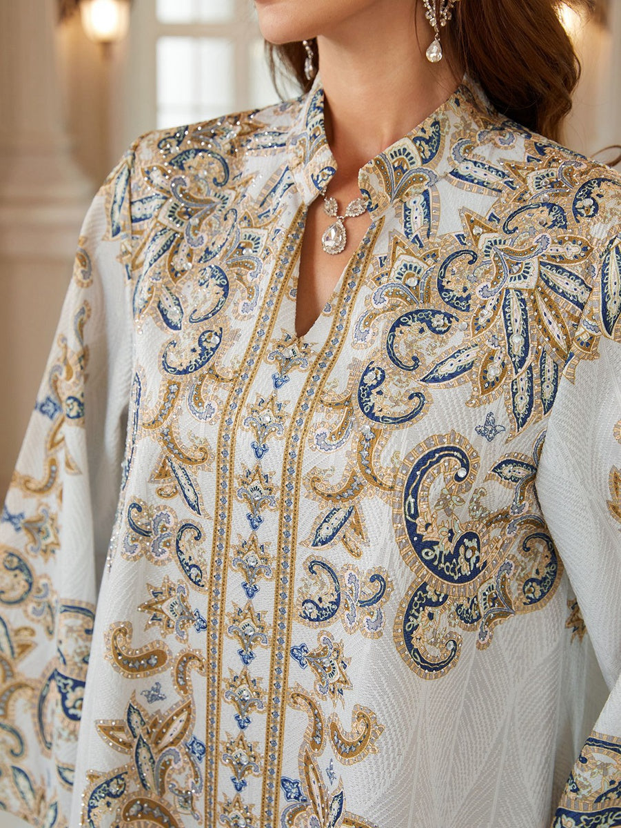 Hotfix Rhinestones Printed Caftan Kaftan Dress For Women - Jacquard Mukhawar Jalabiya Eid Dress - #26N02