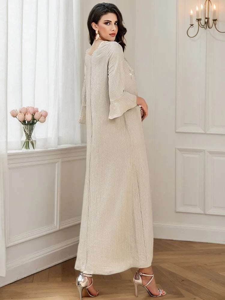 فستان قفطان عيد بتصميم تجعد وخرز أحجار الراين بأكمام واسعة #255097