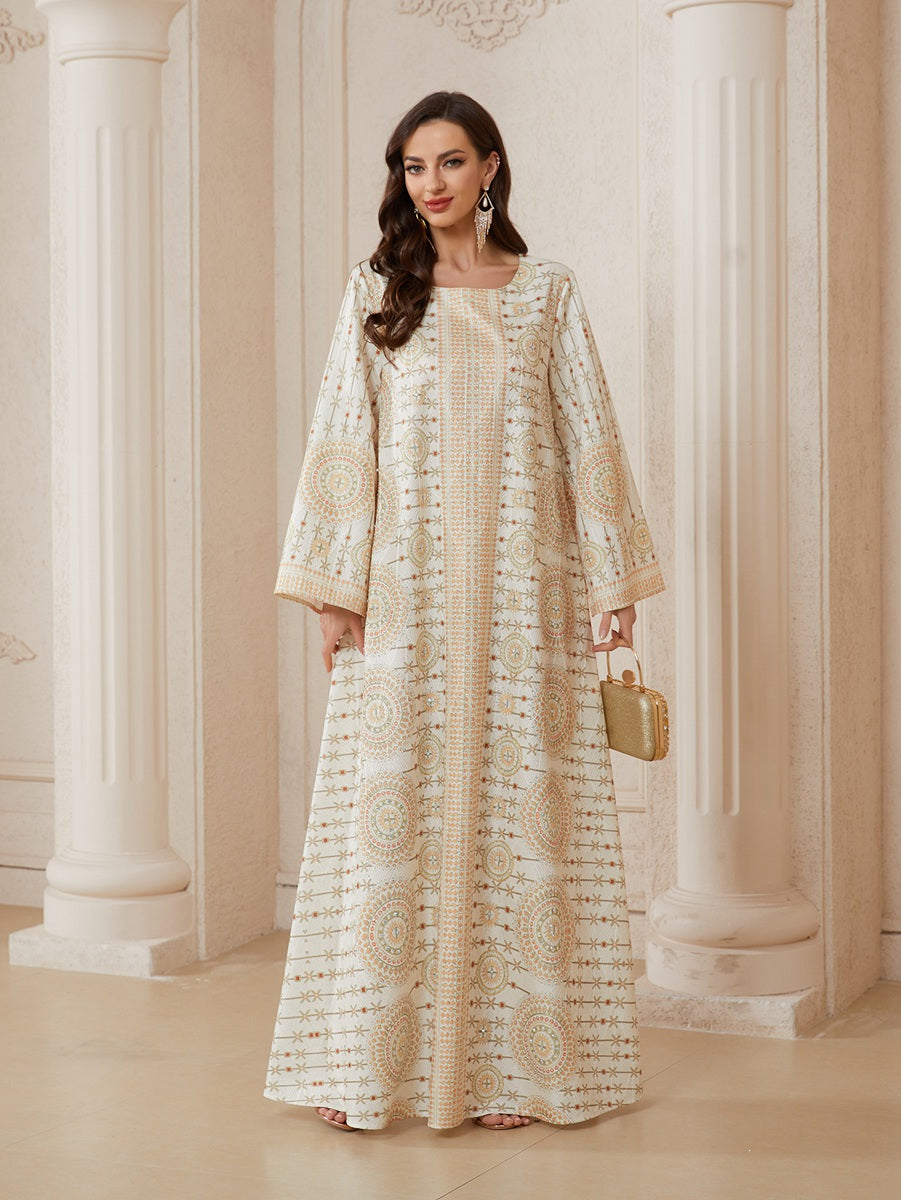 Hotfix Rhinestones Printed Caftan Kaftan Dress For Women - Jacquard Mukhawar Jalabiya Eid Dress - Apricot - #26N11