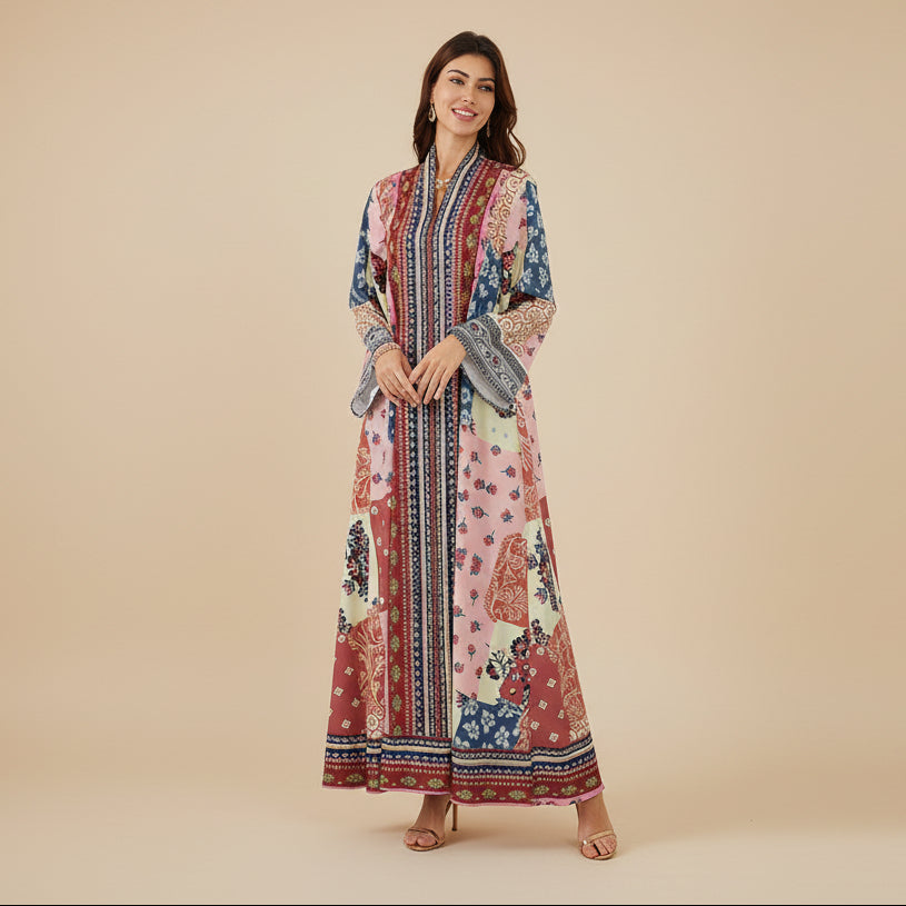 Eid Printed Hotfix Rhinestones Caftan Kaftan Dress Jalabiya #26SX16