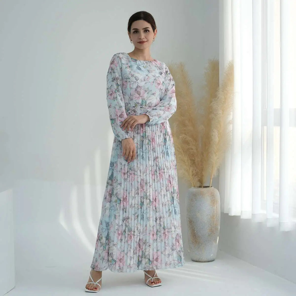 Muslim Women Pleated Chiffon Printed Abaya Dress