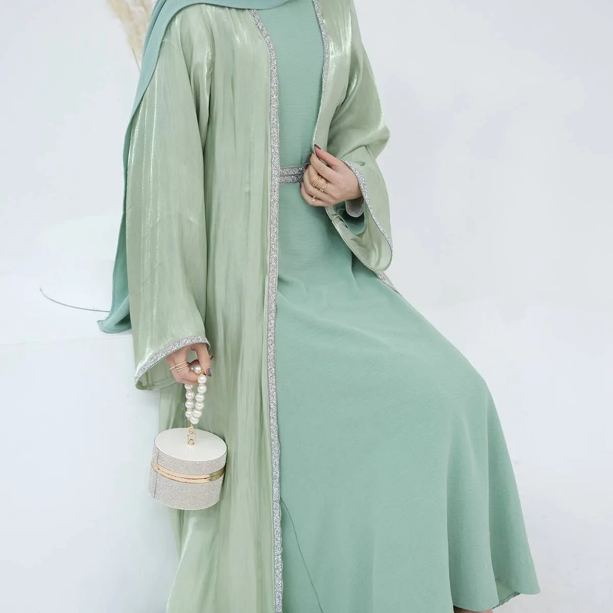2 Pieces Hotfix Rhinestone Bright Open Abaya Dress Set With Inner Dress