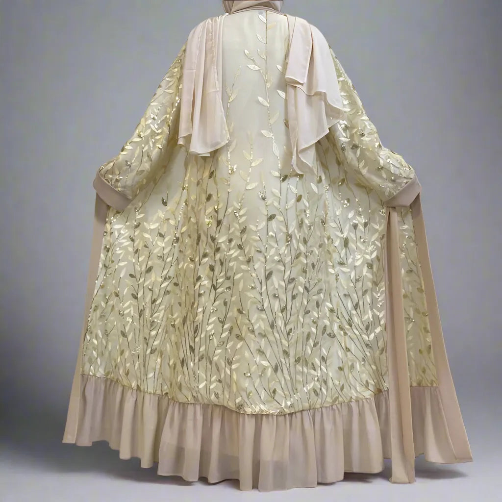 فستان عباية مفتوح من الدانتيل مطرز بأوراق الشجر للنساء المسلمات