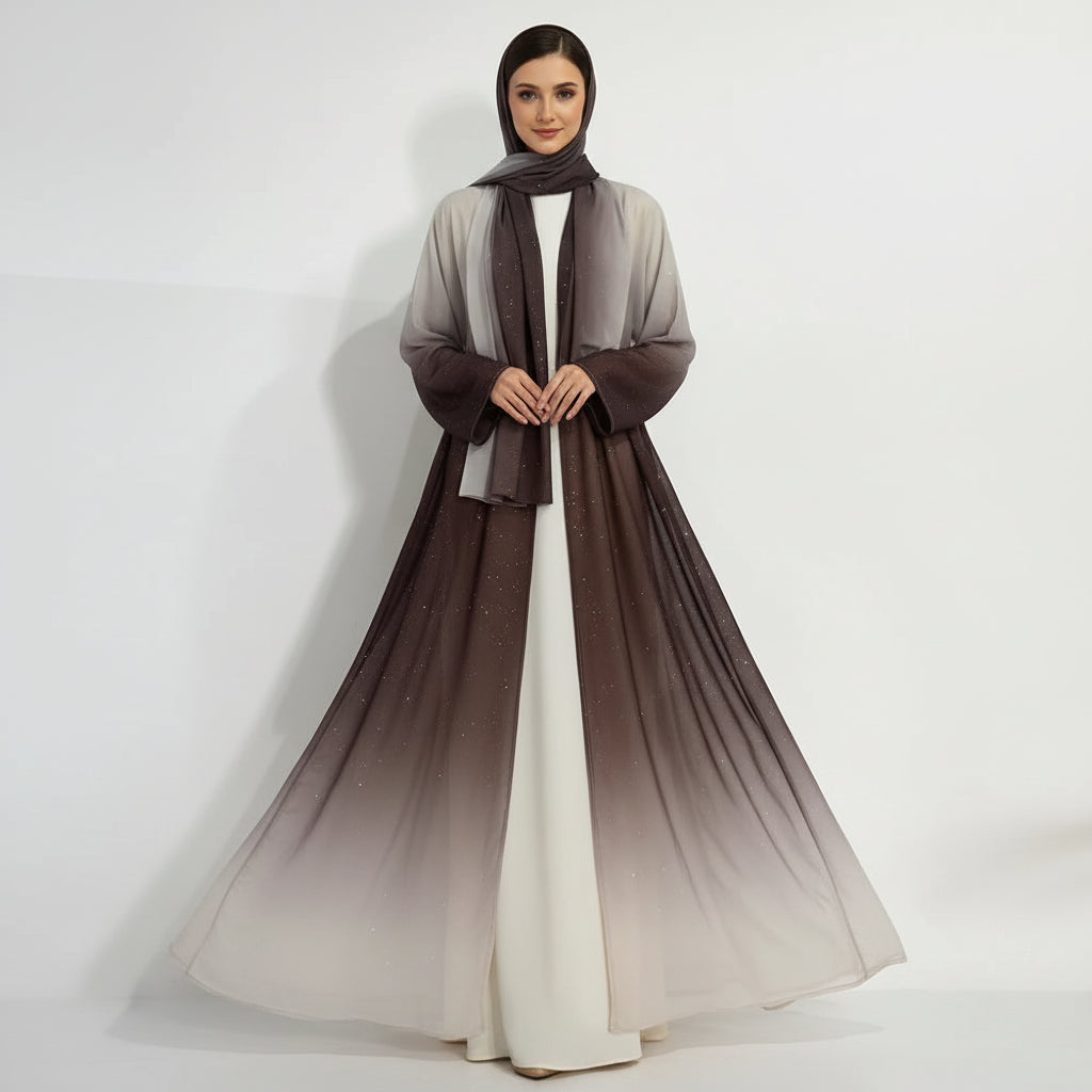 Gradient Glitter Open Abaya Dress With Matching Hijab #25797