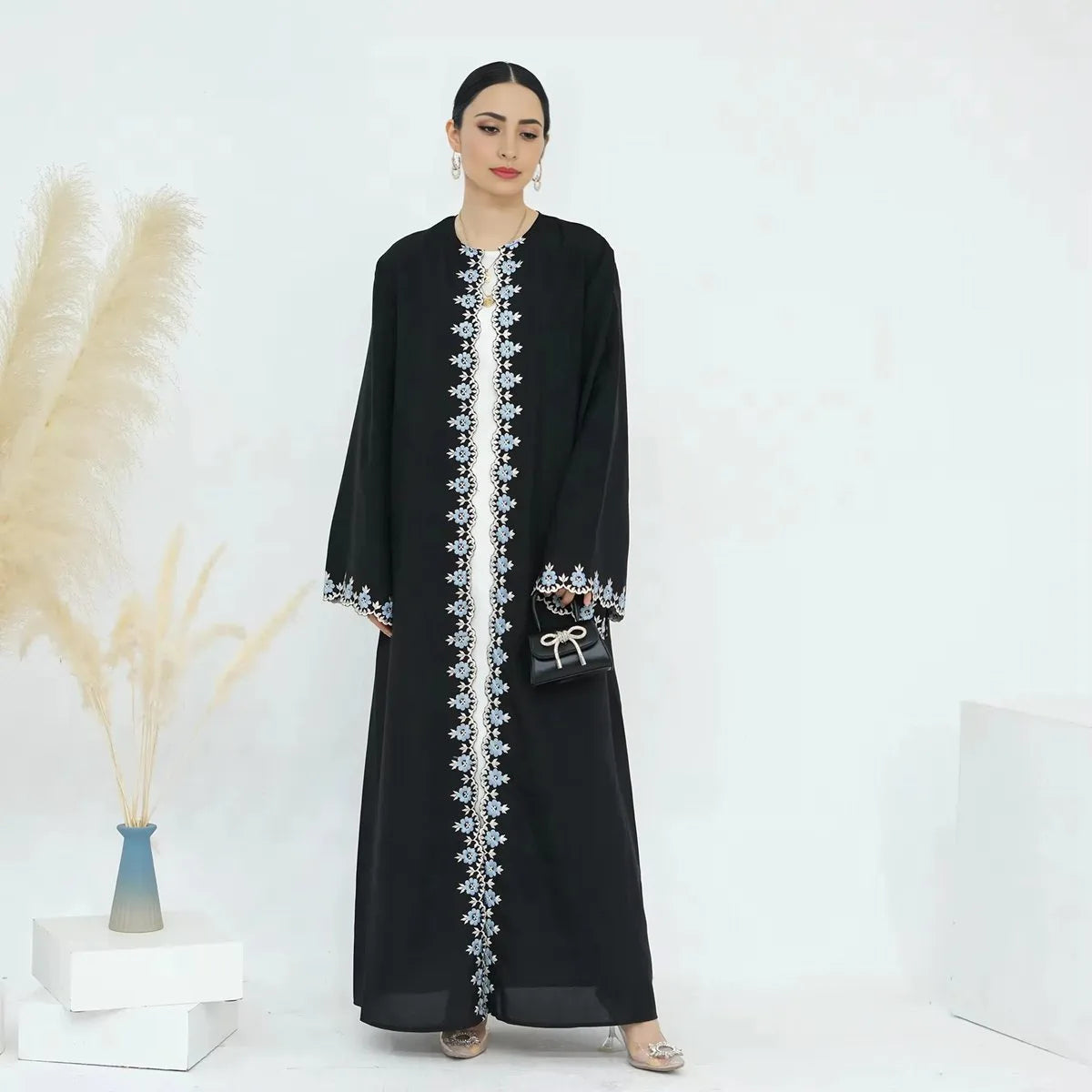 Floral Embroidery Nida Cardigan Open Abaya Dress #24909