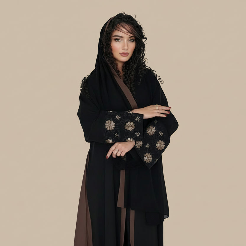 Cardigan Open Abaya Dress - Embroidered Flower - Brown - #25187