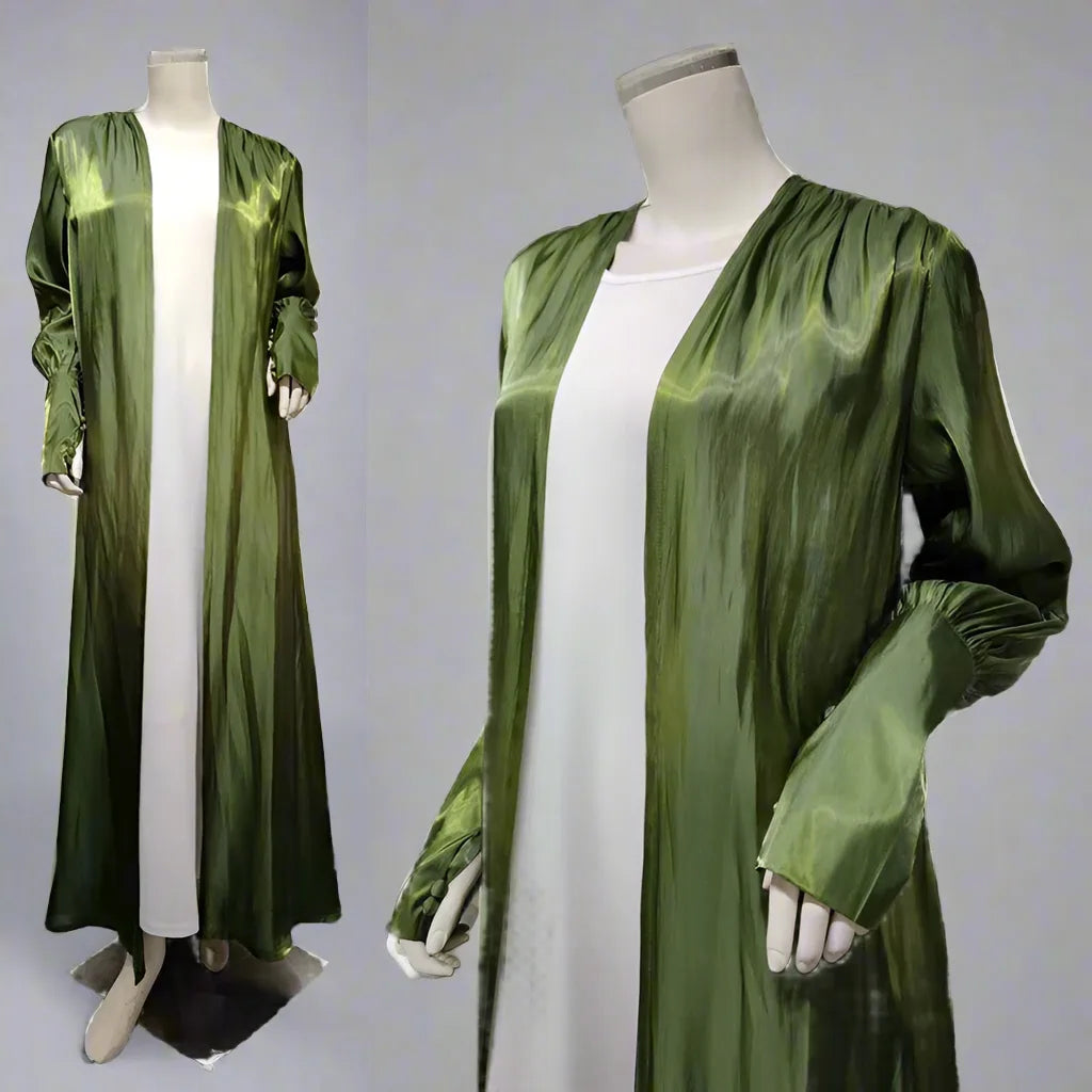 فستان عباية نسائي مسلم مفتوح من الأمام باللون الأخضر العسكري بأكمام بأزرار على شكل فطر