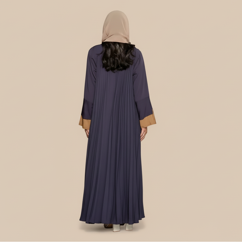 Women Open Abaya Dress - Pleated - Velvet Satin - Gray - #25171