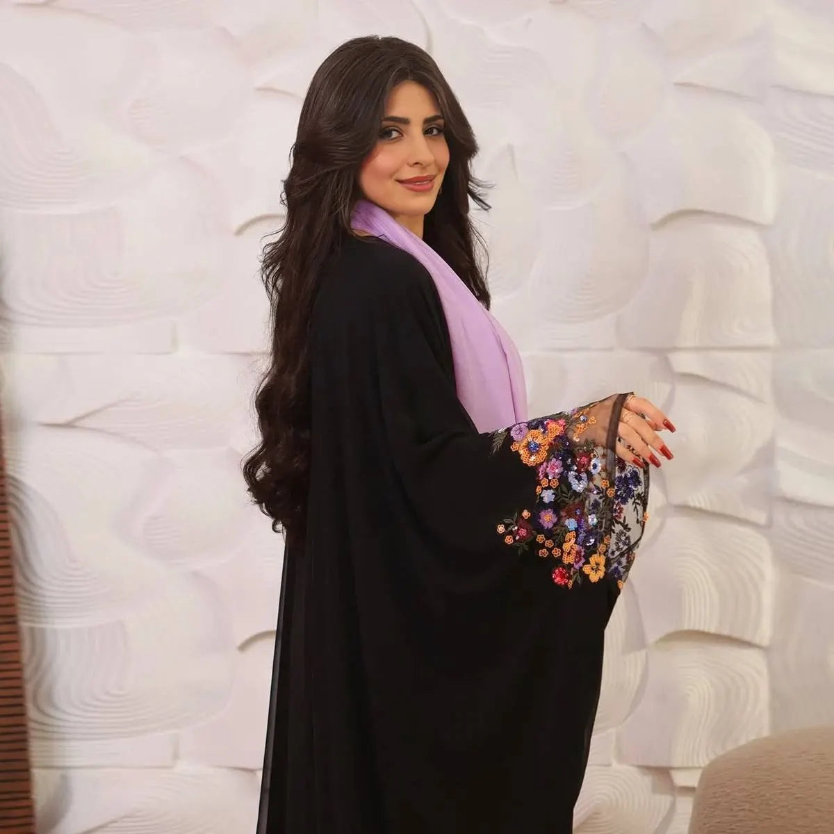 فستان عباية مفتوح بأكمام من الزهور مع حجاب #25208