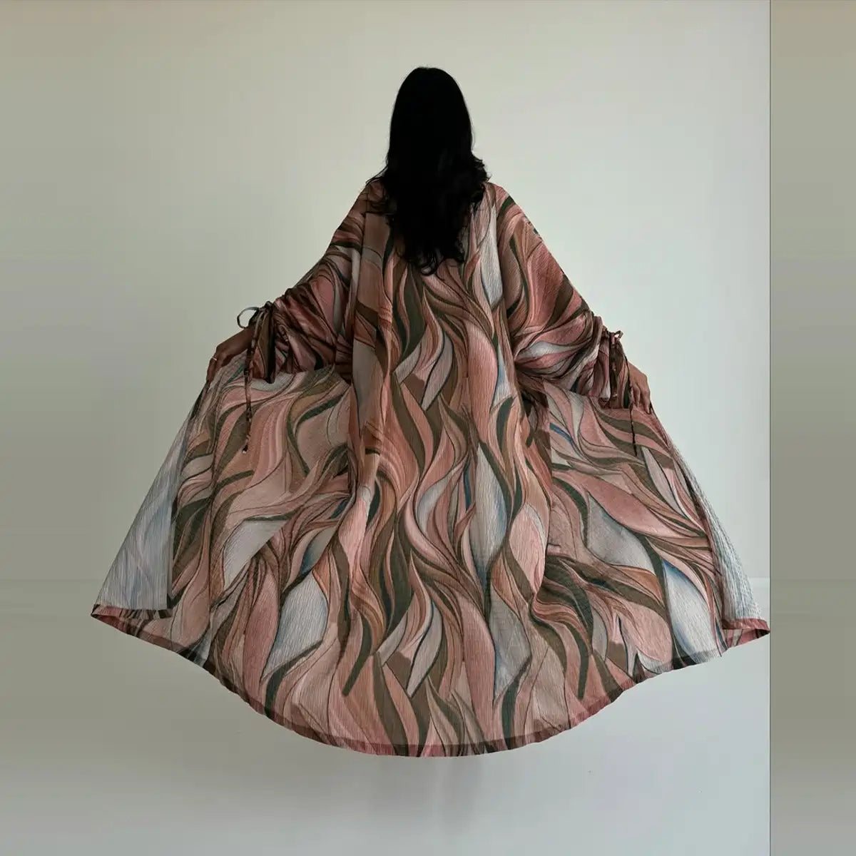 Drawstring Cuff Wrinkle Cardigan Open Abaya Dress #25207