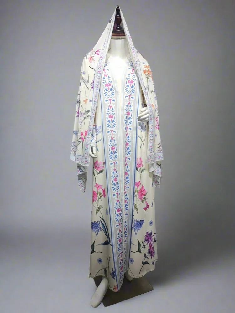 فستان عباية مفتوح من الكارديجان المطبوع مع حجاب متناسق #25223