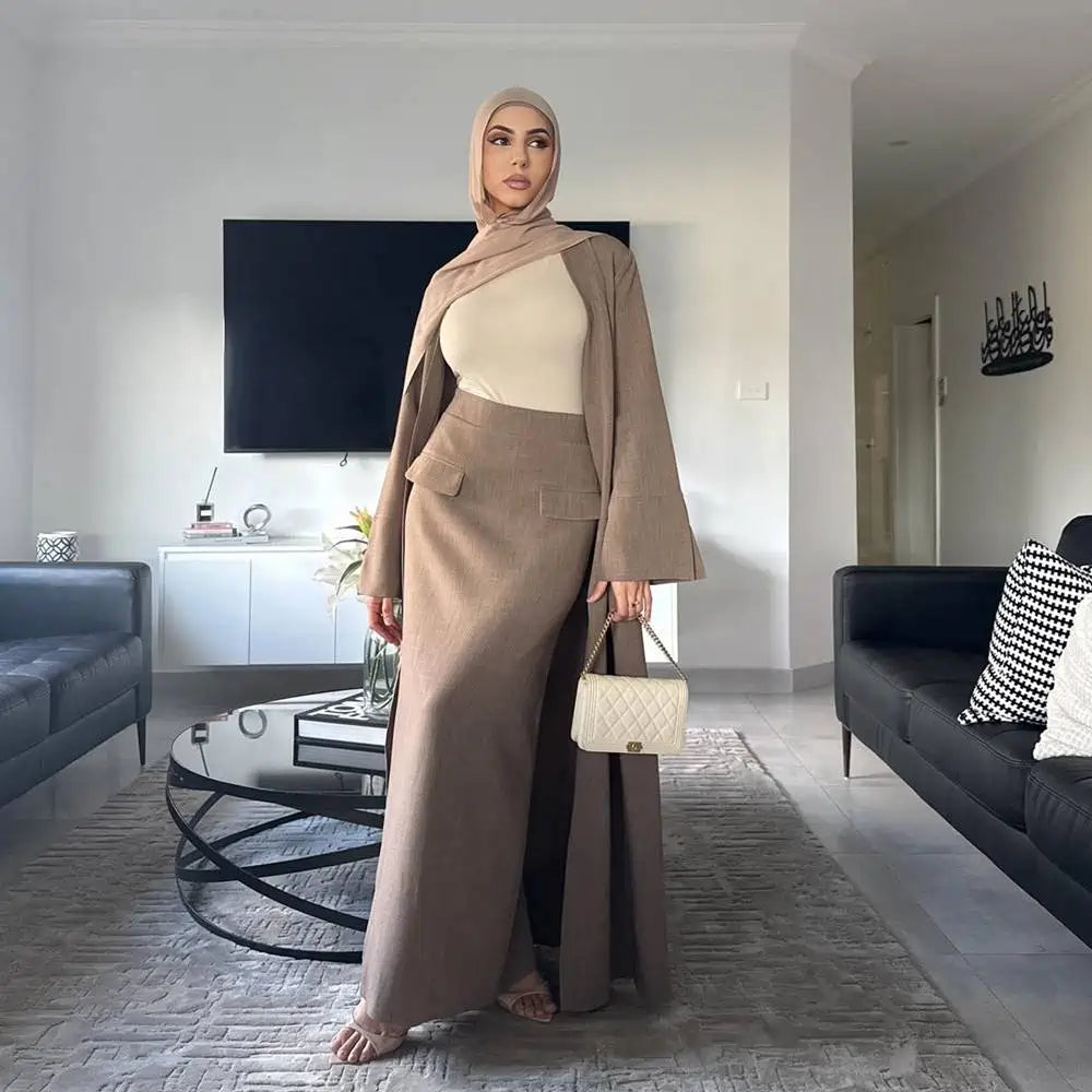 طقم عباية مفتوح مع تنورة للنساء المسلمات من قطعتين #251072