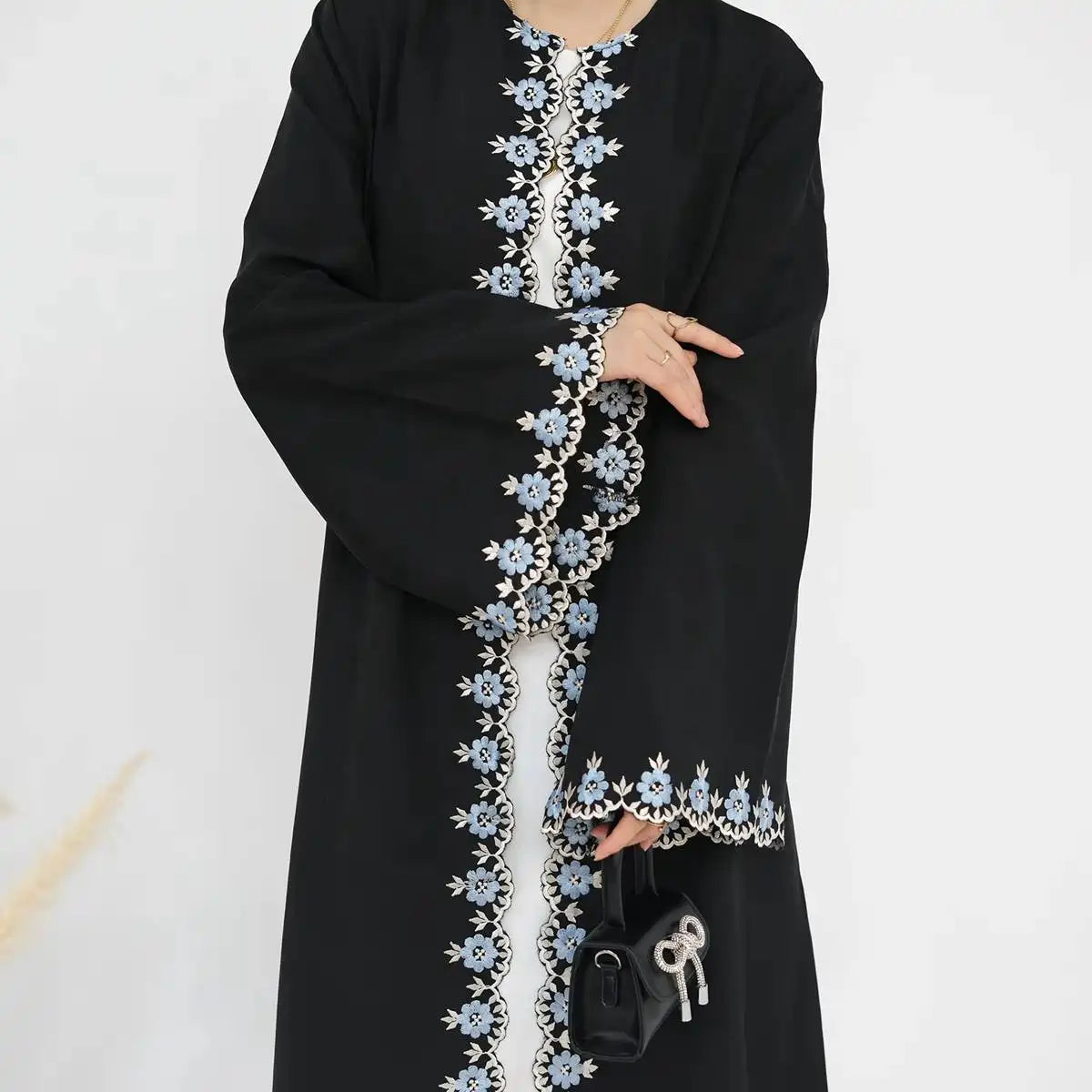 Floral Embroidery Nida Cardigan Open Abaya Dress #24909