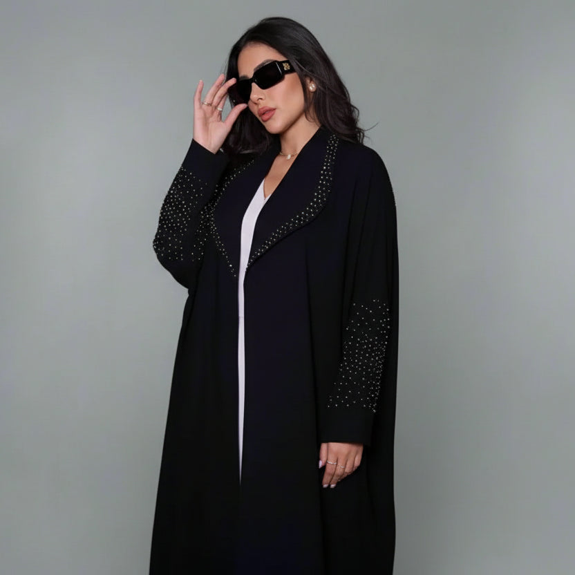 Hotfix Rhinestone Cardigan Open Abaya Dress - Black - #25206