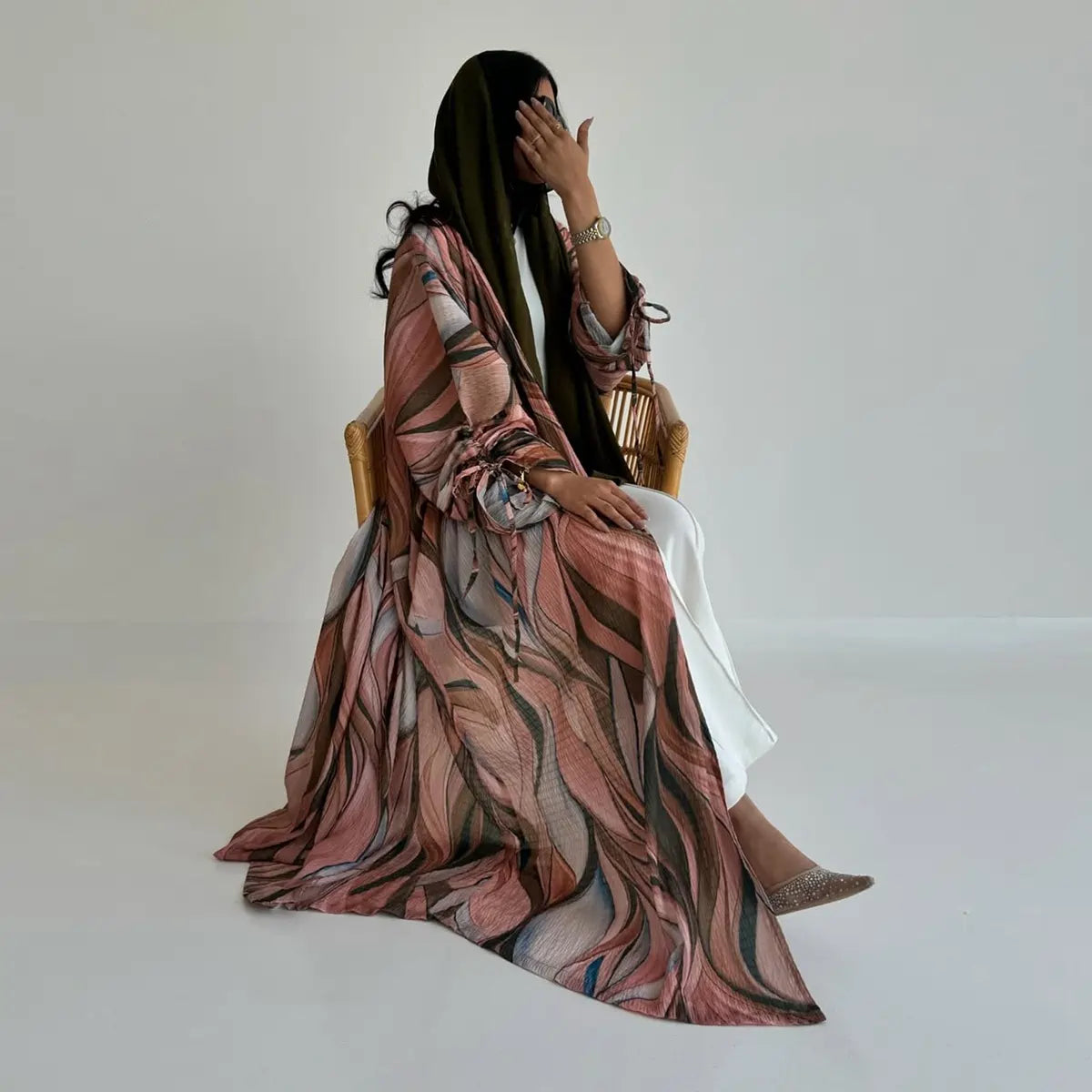 فستان عباية مفتوح من الأمام مع رباط للإغلاق #25207