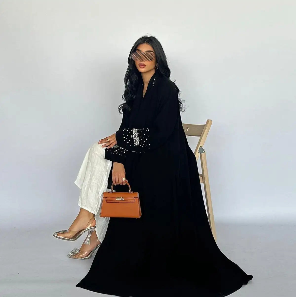 With Hijab Hotfix Rhinestone Beads Cardigan Open Abaya Dress