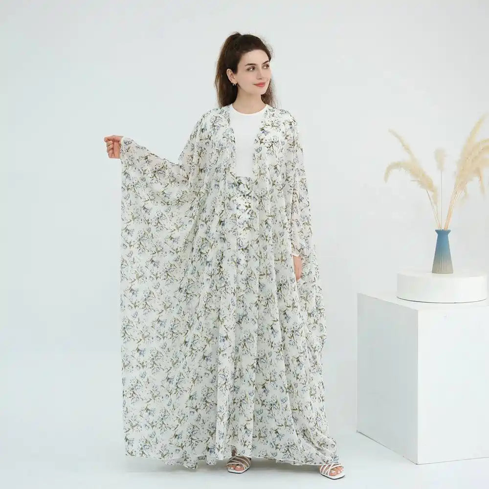 طقم من قطعتين من عباية شيفون مطبوعة مفتوحة مع تنورة #251031