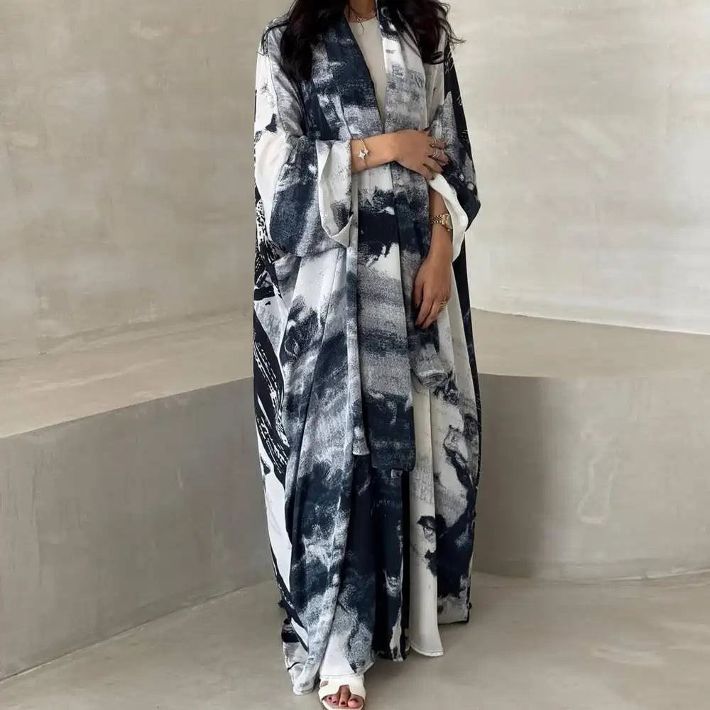 فستان عباية مفتوح من الشيفون المطبوع مع حجاب متناسق #25228