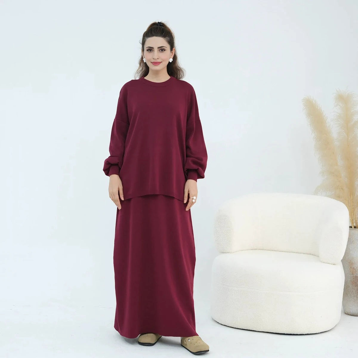 Winter Fall Muslim Women Thick Knitted 2 Pieces Set Tops And Skirt Suit Set #25929