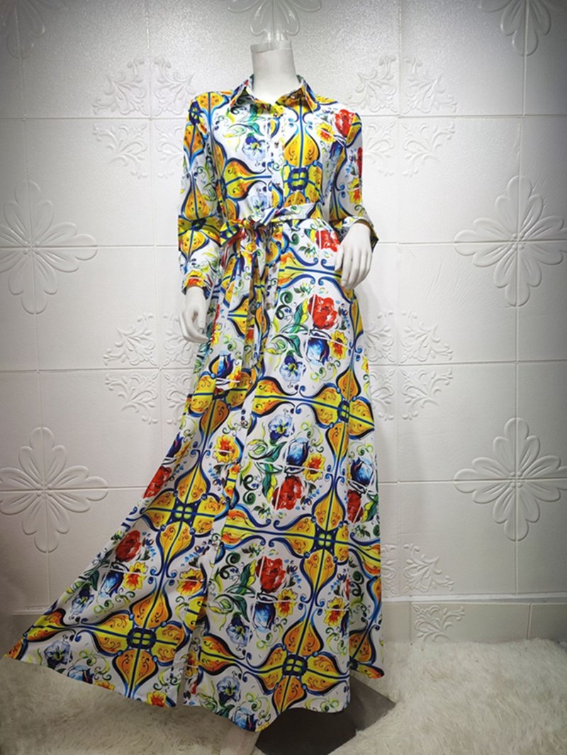 جلابية نسائية قفطان بأكمام طويلة مطبوعة