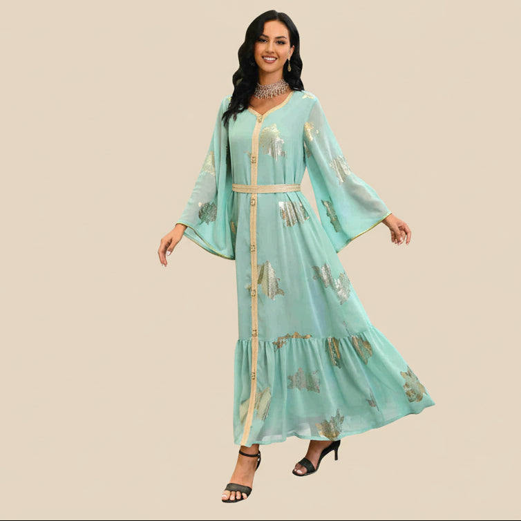 Medium Green Eid Dress Bronzing Chiffon Caftan Kaftan Dress