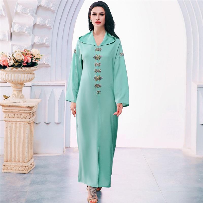 Hooded Elegant Rhinestone Long Femme Djellaba Women Abaya Kaftan Dress Jalaba