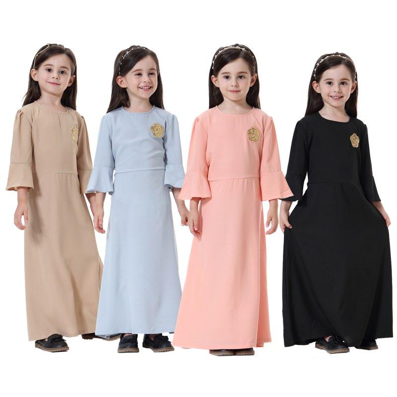 Fashion Simple Girls Abaya Dress Middle East Arab Kids Clothing