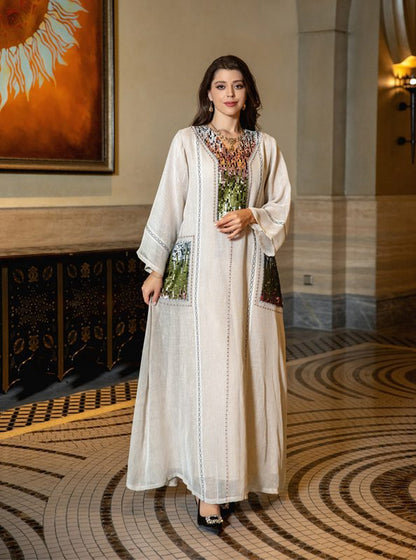 Eid Dress Sequin Embroidery Women Kaftan Dress Jalabiya