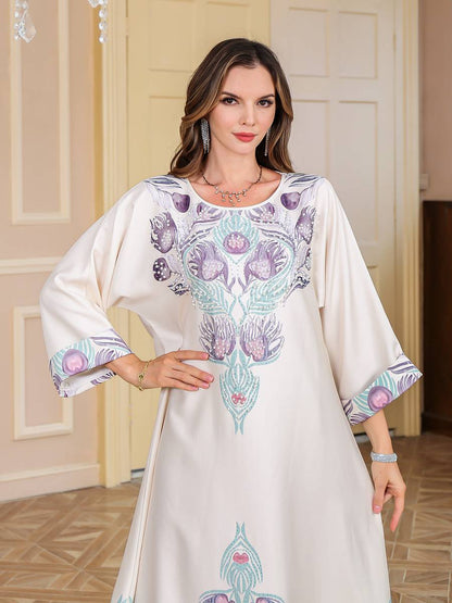 Eid Hotfix Rhinestones Printed Caftan Kaftan Dress #25212