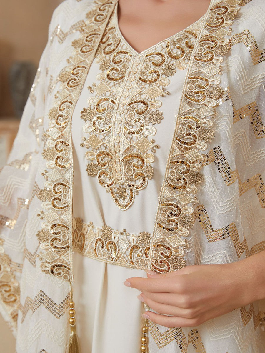 طقم عيد مكون من قطعتين، قفطان مطرز بالترتر مع فستان داخلي بدون أكمام #26174