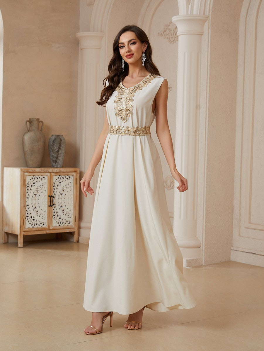 طقم عيد مكون من قطعتين، قفطان مطرز بالترتر مع فستان داخلي بدون أكمام #26174