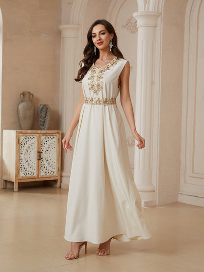 طقم عيد مكون من قطعتين، قفطان مطرز بالترتر مع فستان داخلي بدون أكمام #26174