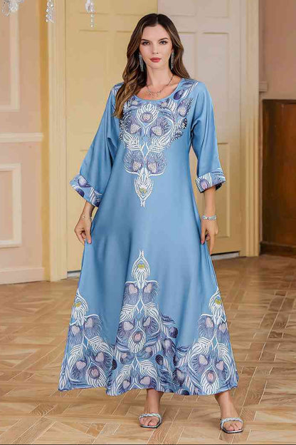 Eid Hotfix Rhinestones Printed Caftan Kaftan Dress #25212