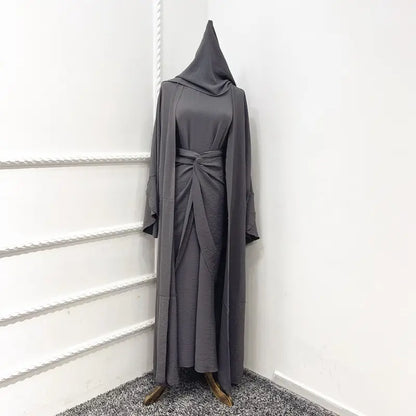 Muslim Women 4 Pieces Sets Wrinkle Open Abaya Dress Set With Out Abaya, Mid Wrap, Inner Sleeveless Dress And Hijab Scarf