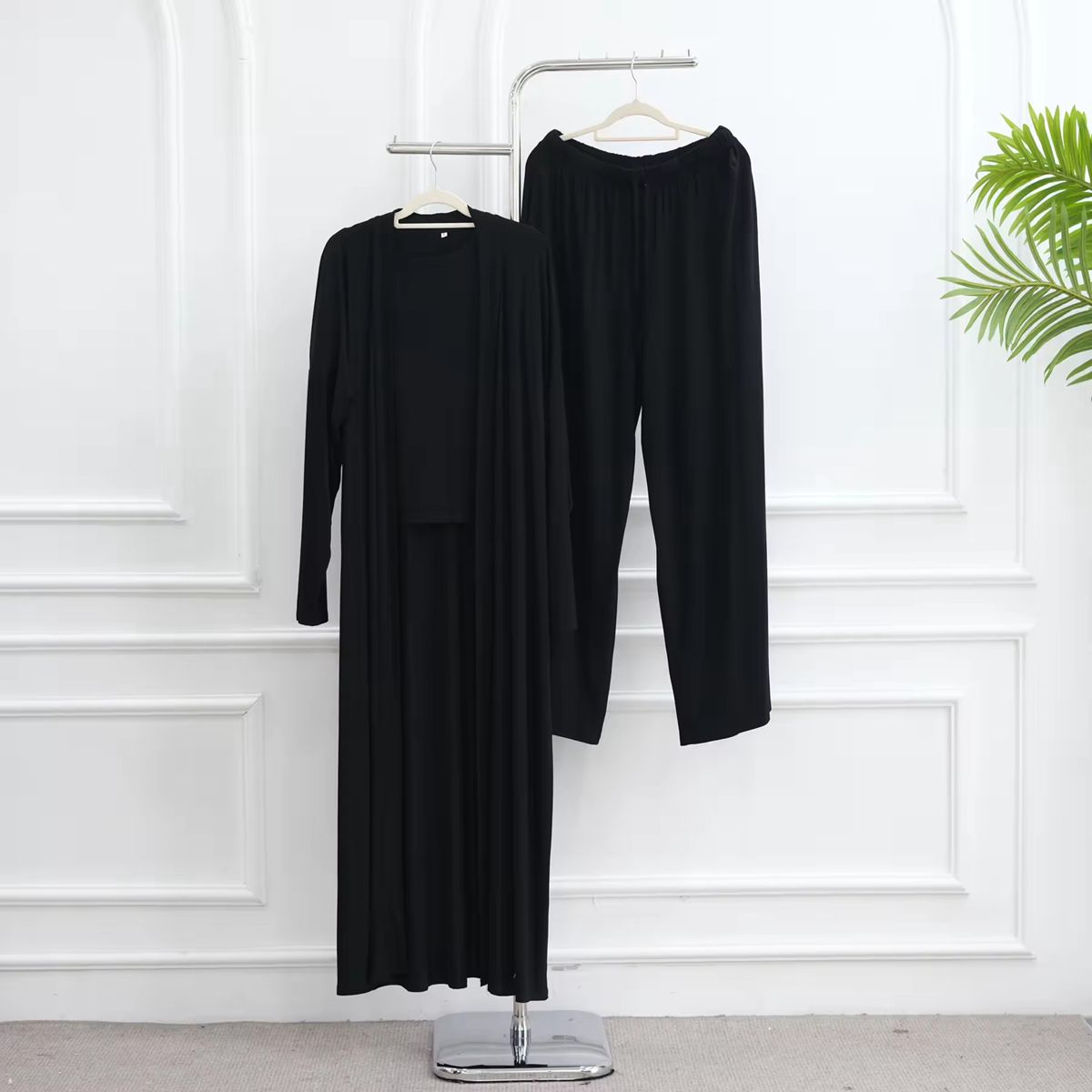 طقم ملابس نسائية مسلمة مكون من 3 قطع، بلوزة وبنطال من قماش المودال مع عباية مفتوحة #251076